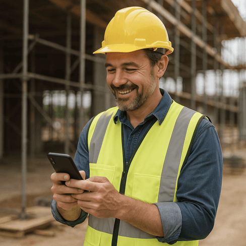 TaskLab CustomBuild concept: Smiling tradesperson using a tablet on a construction site