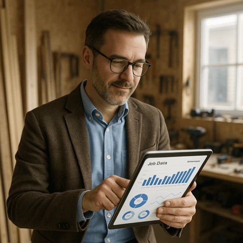 TaskLab CustomBuild concept: Business owner reviewing performance data on a tablet in a workshop setting
